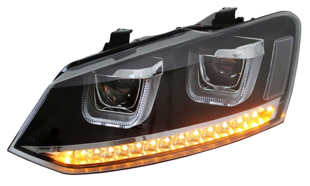 LED U-Tube Scheinwerfer schwarz LED 2024 dyn. Blinker für VW Polo 6R