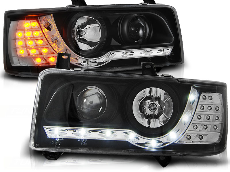 Scheinwerfer LED Tagfahrlicht Optik für VW T4 Bus Bj. 90-03 Schwarz mit LED  Blinker, kurzer Vorderwagen, T4, VW, Scheinwerfer