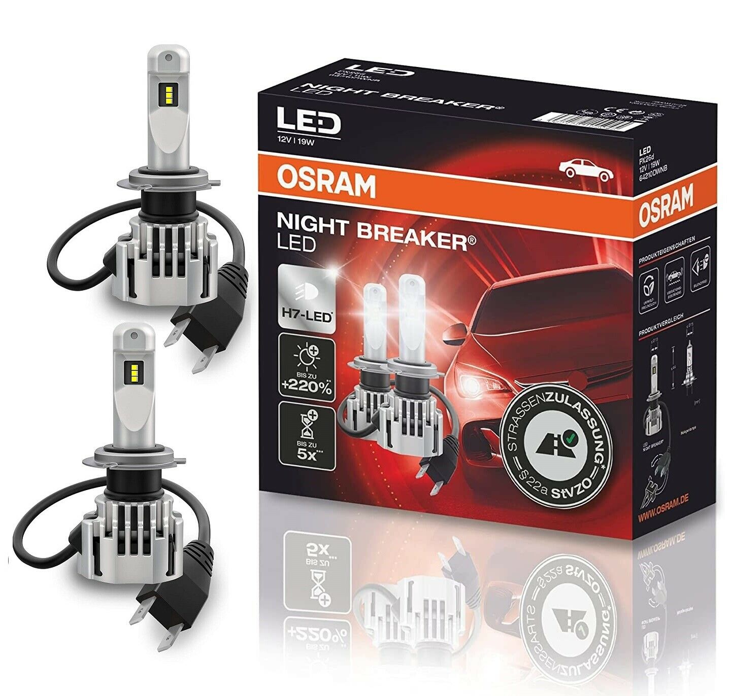 OSRAM NIGHT BREAKER H7 LED 220% Set für VW Caddy 3 2K 10-15 inkl